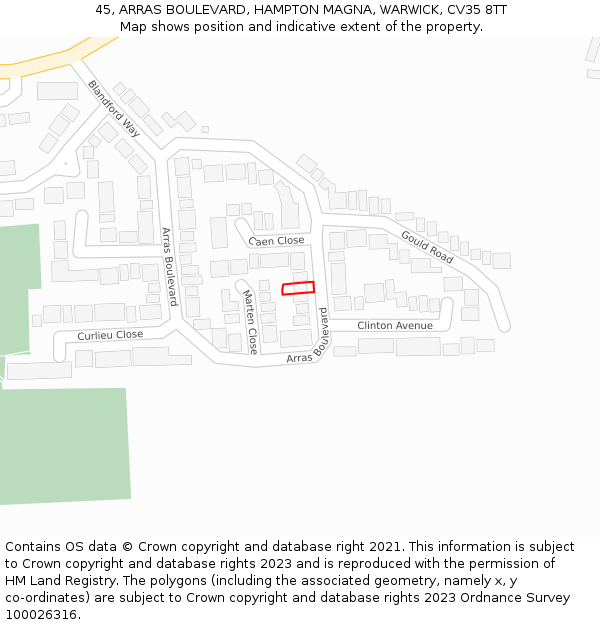 45, ARRAS BOULEVARD, HAMPTON MAGNA, WARWICK, CV35 8TT: Location map and indicative extent of plot