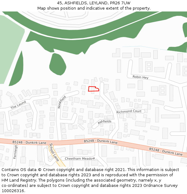 45, ASHFIELDS, LEYLAND, PR26 7UW: Location map and indicative extent of plot