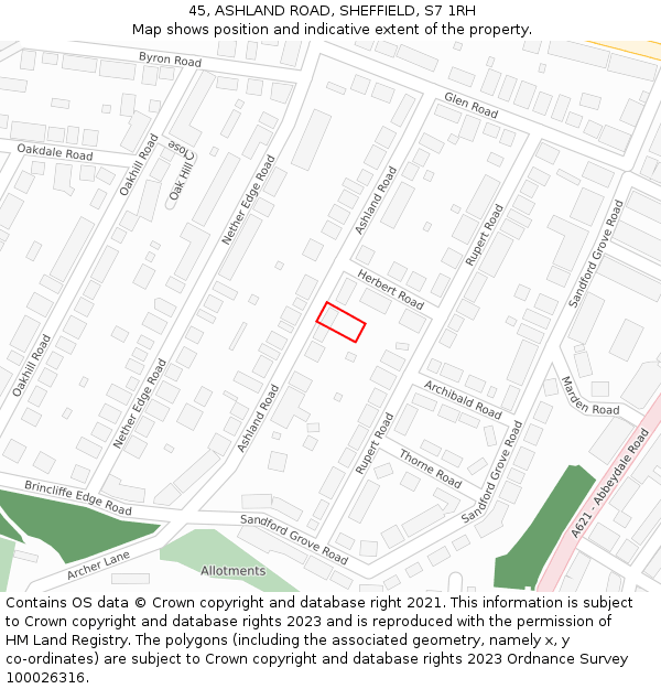 45, ASHLAND ROAD, SHEFFIELD, S7 1RH: Location map and indicative extent of plot