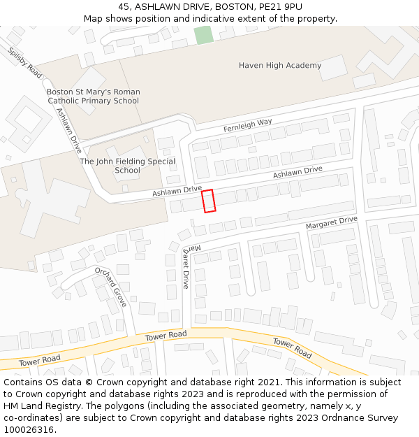 45, ASHLAWN DRIVE, BOSTON, PE21 9PU: Location map and indicative extent of plot