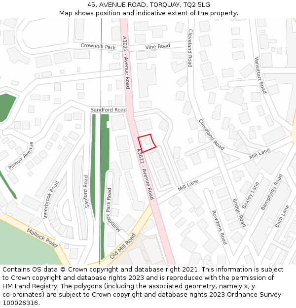 45, AVENUE ROAD, TORQUAY, TQ2 5LG: Location map and indicative extent of plot