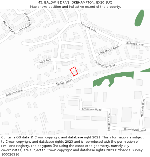 45, BALDWIN DRIVE, OKEHAMPTON, EX20 1UQ: Location map and indicative extent of plot