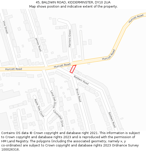 45, BALDWIN ROAD, KIDDERMINSTER, DY10 2UA: Location map and indicative extent of plot