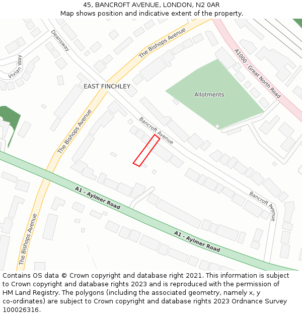 45, BANCROFT AVENUE, LONDON, N2 0AR: Location map and indicative extent of plot