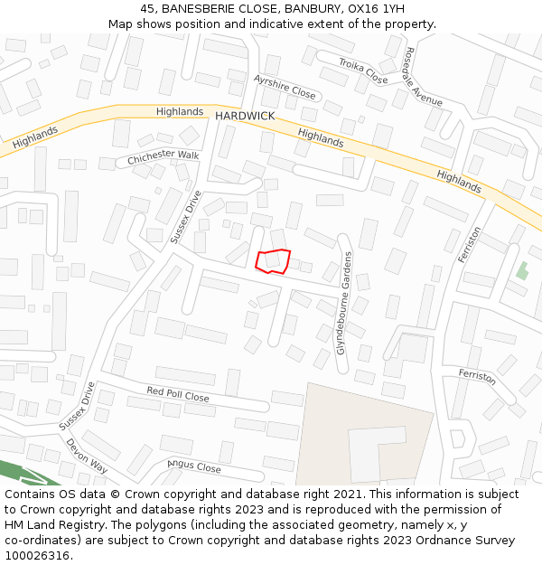 45, BANESBERIE CLOSE, BANBURY, OX16 1YH: Location map and indicative extent of plot