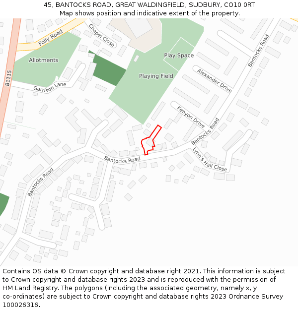 45, BANTOCKS ROAD, GREAT WALDINGFIELD, SUDBURY, CO10 0RT: Location map and indicative extent of plot