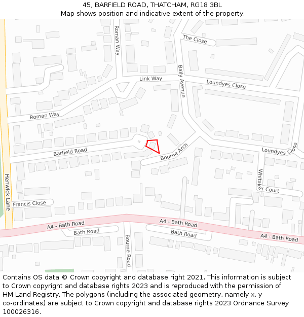 45, BARFIELD ROAD, THATCHAM, RG18 3BL: Location map and indicative extent of plot