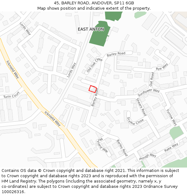 45, BARLEY ROAD, ANDOVER, SP11 6GB: Location map and indicative extent of plot