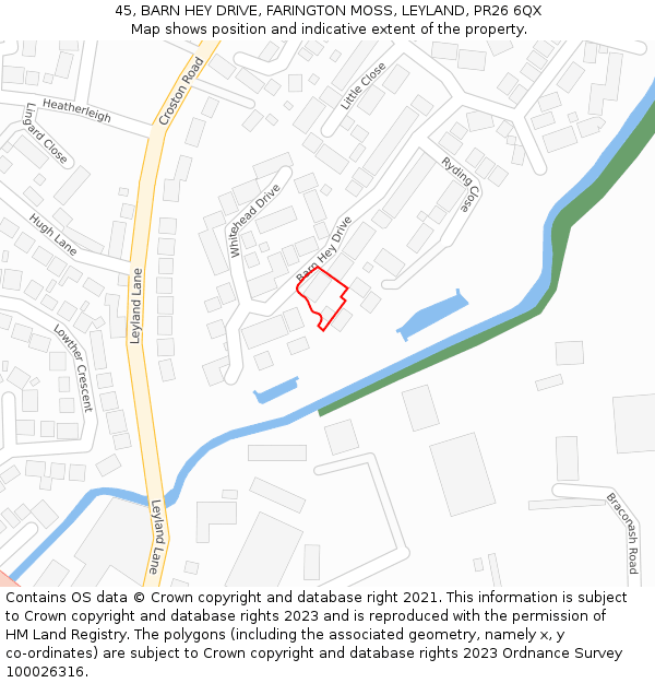 45, BARN HEY DRIVE, FARINGTON MOSS, LEYLAND, PR26 6QX: Location map and indicative extent of plot