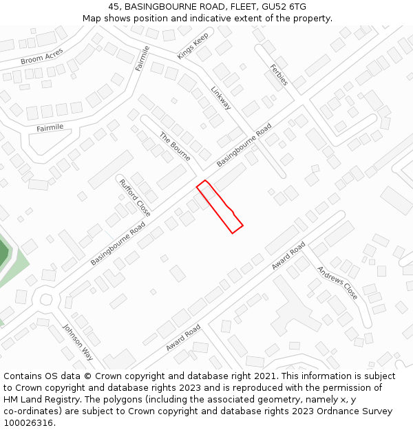 45, BASINGBOURNE ROAD, FLEET, GU52 6TG: Location map and indicative extent of plot