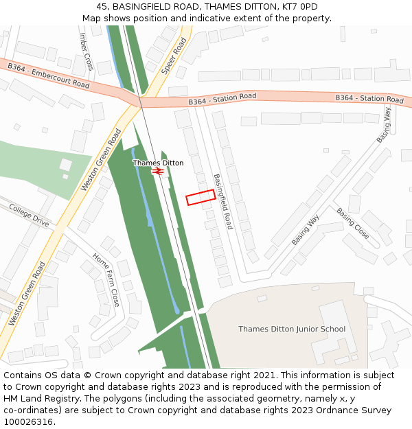 45, BASINGFIELD ROAD, THAMES DITTON, KT7 0PD: Location map and indicative extent of plot