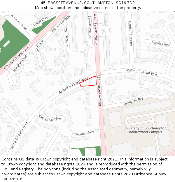 45, BASSETT AVENUE, SOUTHAMPTON, SO16 7DP: Location map and indicative extent of plot