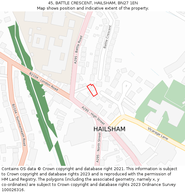 45, BATTLE CRESCENT, HAILSHAM, BN27 1EN: Location map and indicative extent of plot