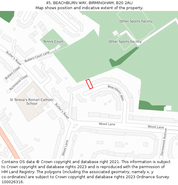 45, BEACHBURN WAY, BIRMINGHAM, B20 2AU: Location map and indicative extent of plot