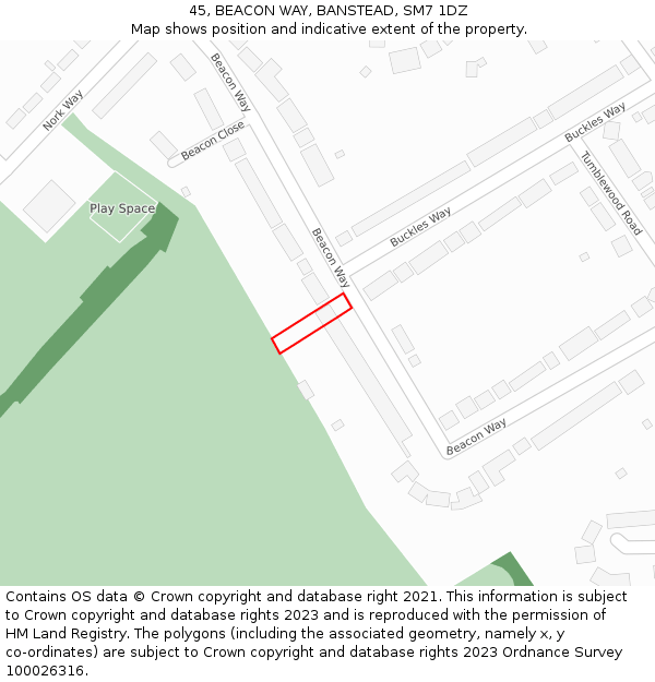 45, BEACON WAY, BANSTEAD, SM7 1DZ: Location map and indicative extent of plot