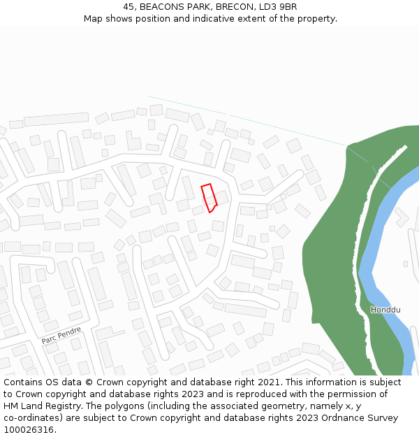 45, BEACONS PARK, BRECON, LD3 9BR: Location map and indicative extent of plot