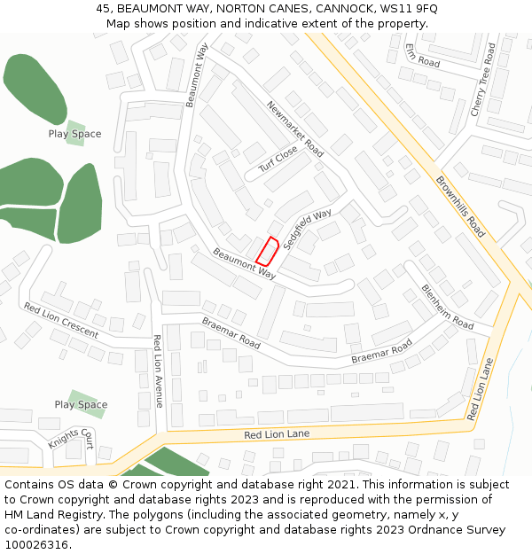 45, BEAUMONT WAY, NORTON CANES, CANNOCK, WS11 9FQ: Location map and indicative extent of plot