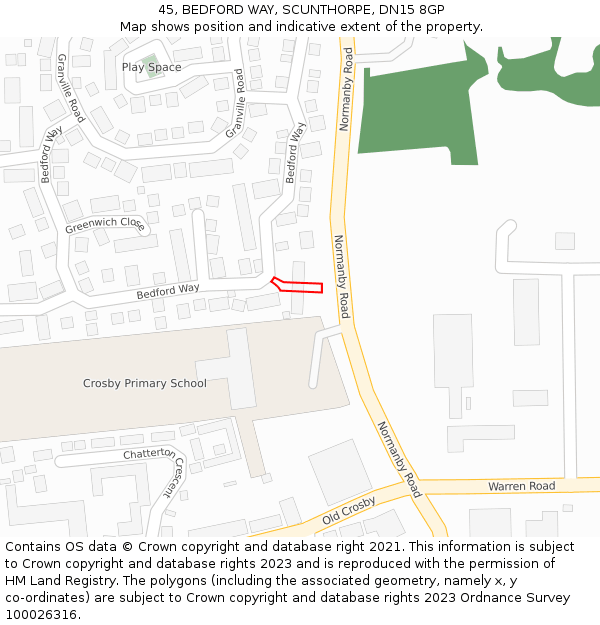 45, BEDFORD WAY, SCUNTHORPE, DN15 8GP: Location map and indicative extent of plot