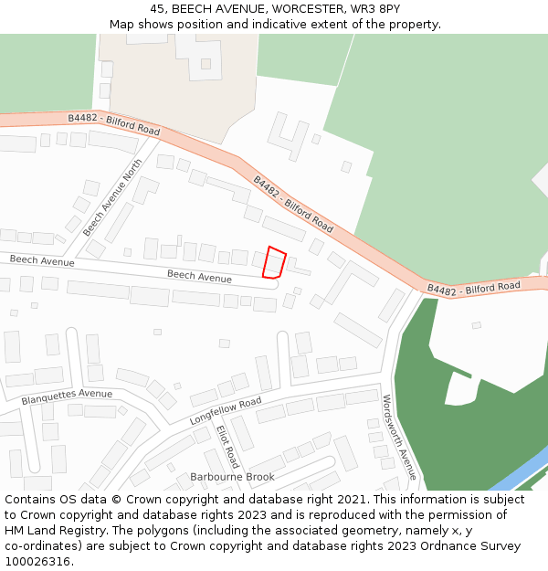 45, BEECH AVENUE, WORCESTER, WR3 8PY: Location map and indicative extent of plot
