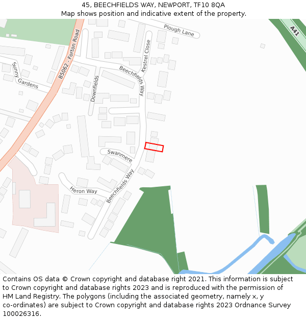 45, BEECHFIELDS WAY, NEWPORT, TF10 8QA: Location map and indicative extent of plot