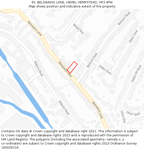45, BELSWAINS LANE, HEMEL HEMPSTEAD, HP3 9PW: Location map and indicative extent of plot