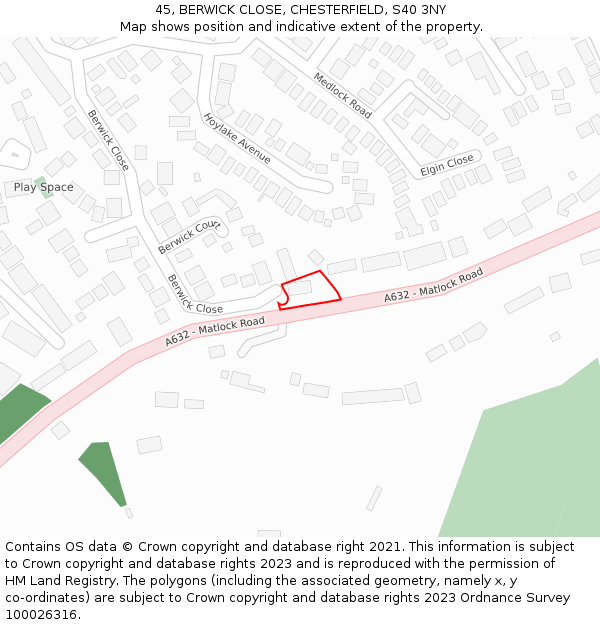 45, BERWICK CLOSE, CHESTERFIELD, S40 3NY: Location map and indicative extent of plot