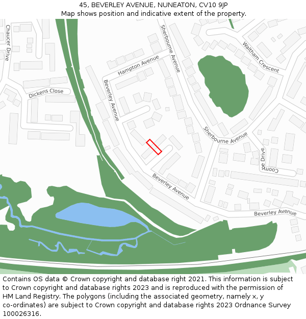 45, BEVERLEY AVENUE, NUNEATON, CV10 9JP: Location map and indicative extent of plot