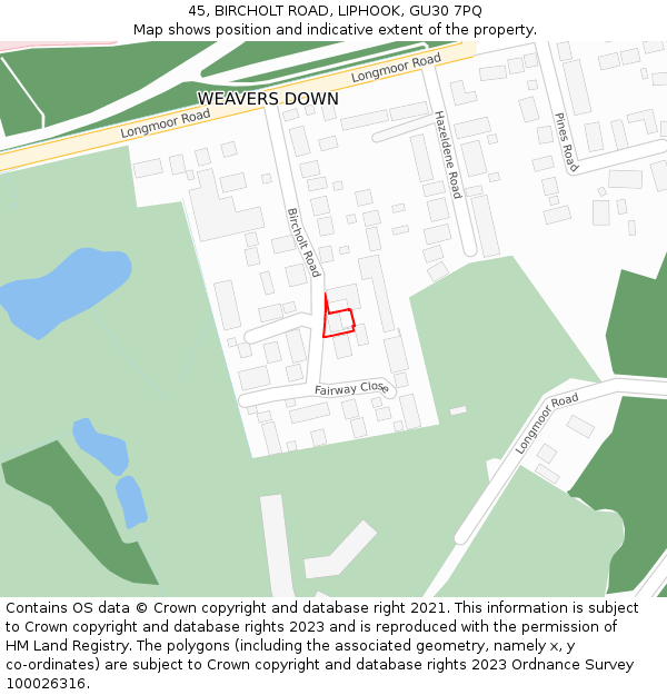 45, BIRCHOLT ROAD, LIPHOOK, GU30 7PQ: Location map and indicative extent of plot