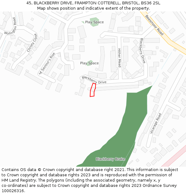 45, BLACKBERRY DRIVE, FRAMPTON COTTERELL, BRISTOL, BS36 2SL: Location map and indicative extent of plot