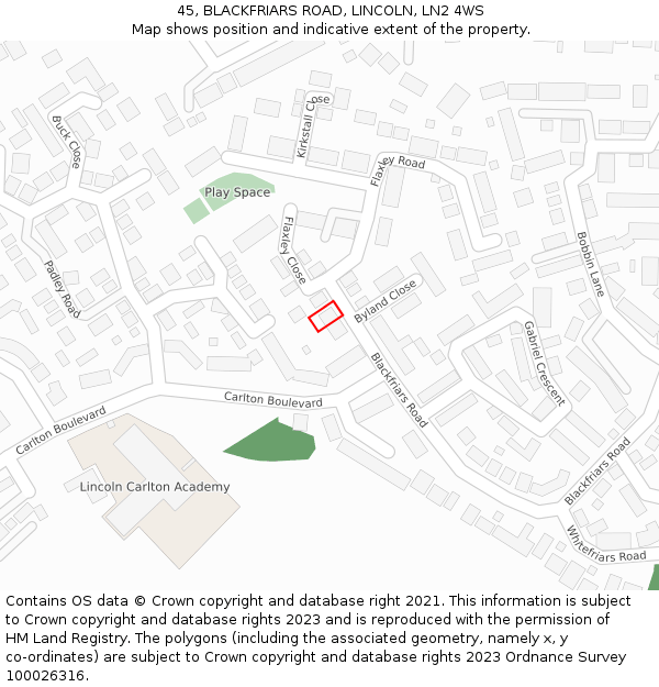 45, BLACKFRIARS ROAD, LINCOLN, LN2 4WS: Location map and indicative extent of plot