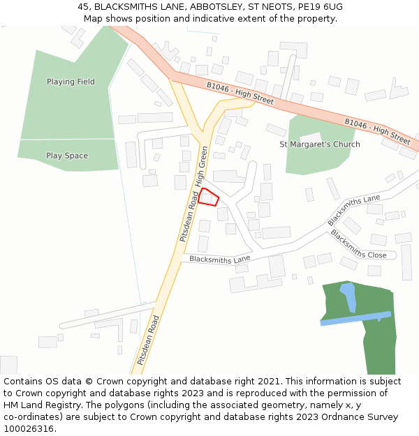 45, BLACKSMITHS LANE, ABBOTSLEY, ST NEOTS, PE19 6UG: Location map and indicative extent of plot