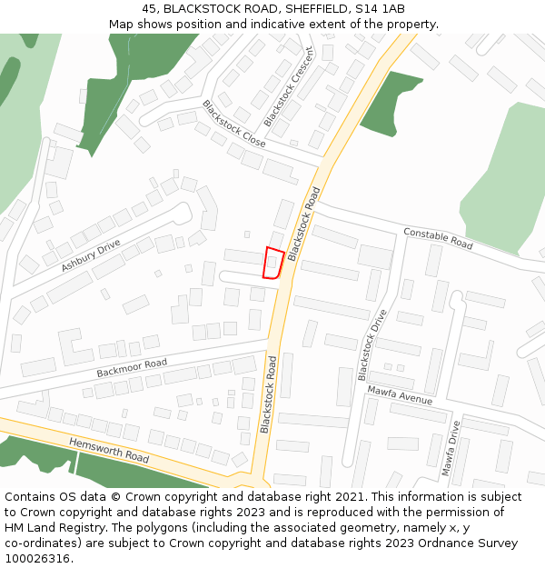 45, BLACKSTOCK ROAD, SHEFFIELD, S14 1AB: Location map and indicative extent of plot