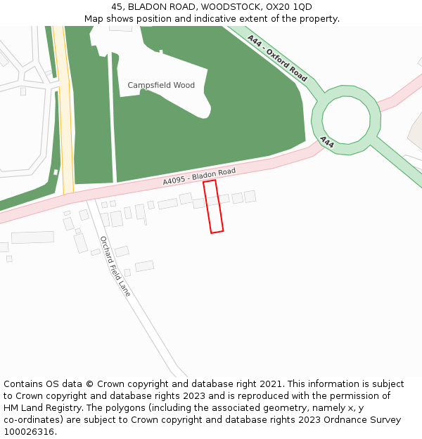 45, BLADON ROAD, WOODSTOCK, OX20 1QD: Location map and indicative extent of plot