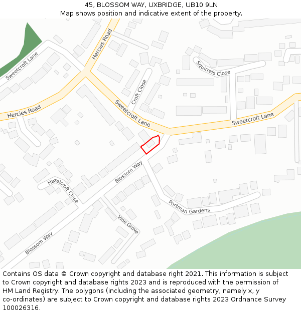 45, BLOSSOM WAY, UXBRIDGE, UB10 9LN: Location map and indicative extent of plot
