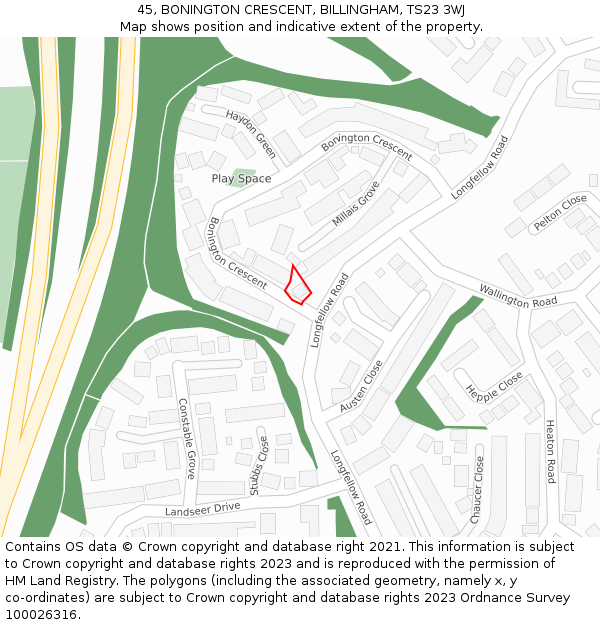 45, BONINGTON CRESCENT, BILLINGHAM, TS23 3WJ: Location map and indicative extent of plot