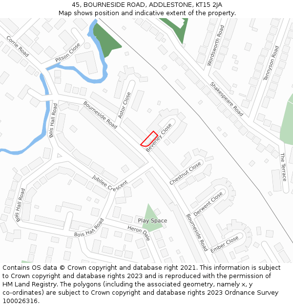 45, BOURNESIDE ROAD, ADDLESTONE, KT15 2JA: Location map and indicative extent of plot