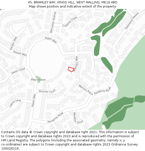 45, BRAMLEY WAY, KINGS HILL, WEST MALLING, ME19 4BD: Location map and indicative extent of plot