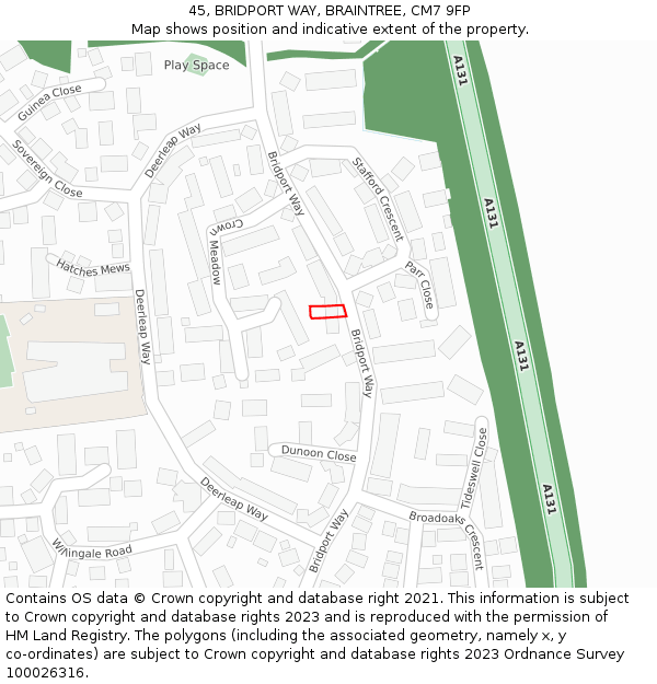 45, BRIDPORT WAY, BRAINTREE, CM7 9FP: Location map and indicative extent of plot