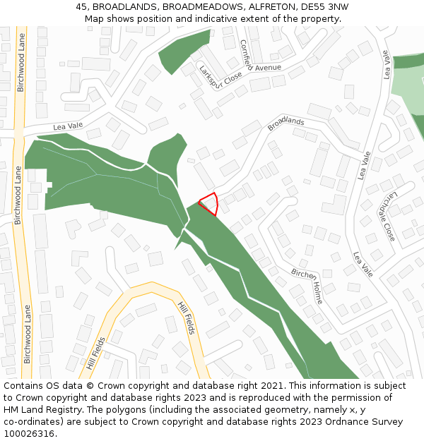 45, BROADLANDS, BROADMEADOWS, ALFRETON, DE55 3NW: Location map and indicative extent of plot