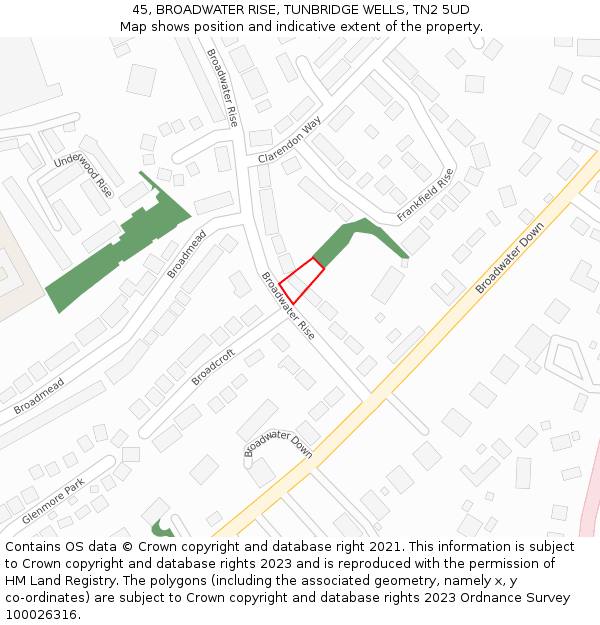 45, BROADWATER RISE, TUNBRIDGE WELLS, TN2 5UD: Location map and indicative extent of plot