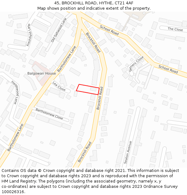 45, BROCKHILL ROAD, HYTHE, CT21 4AF: Location map and indicative extent of plot