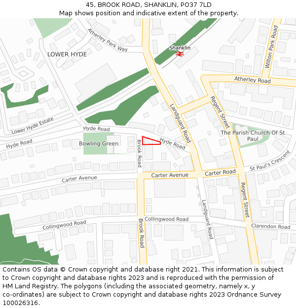 45, BROOK ROAD, SHANKLIN, PO37 7LD: Location map and indicative extent of plot