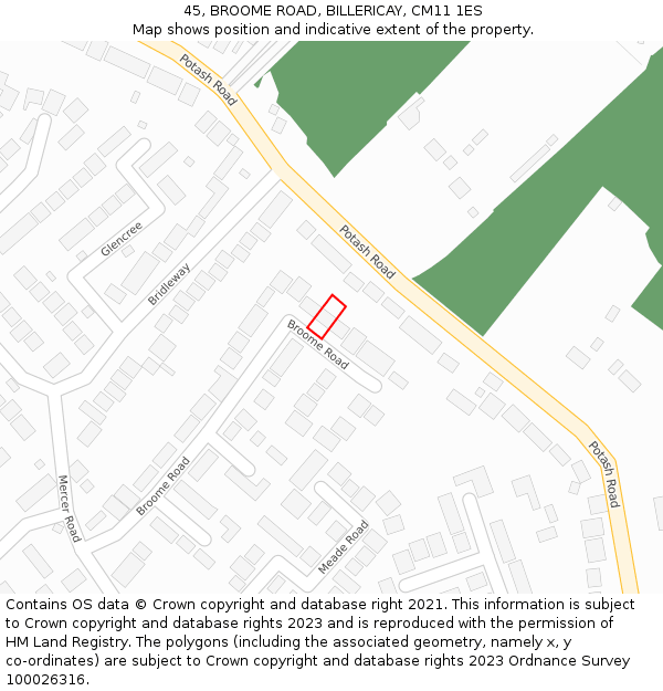 45, BROOME ROAD, BILLERICAY, CM11 1ES: Location map and indicative extent of plot