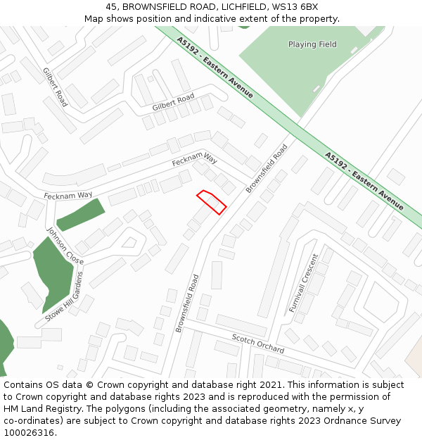 45, BROWNSFIELD ROAD, LICHFIELD, WS13 6BX: Location map and indicative extent of plot