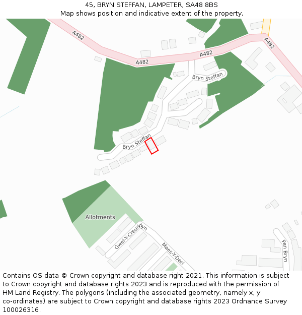 45, BRYN STEFFAN, LAMPETER, SA48 8BS: Location map and indicative extent of plot