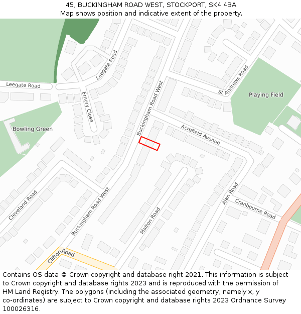 45, BUCKINGHAM ROAD WEST, STOCKPORT, SK4 4BA: Location map and indicative extent of plot