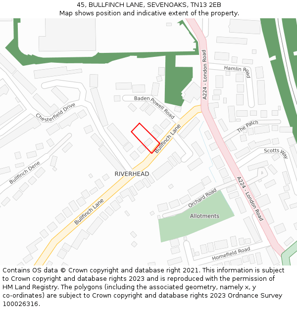 45, BULLFINCH LANE, SEVENOAKS, TN13 2EB: Location map and indicative extent of plot