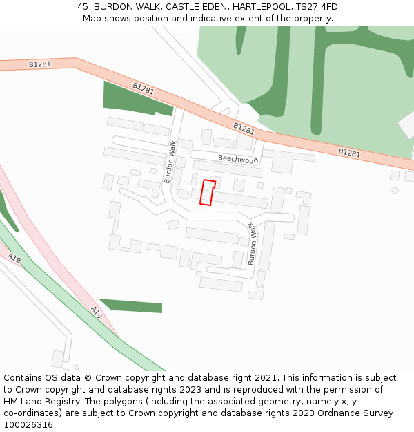 45, BURDON WALK, CASTLE EDEN, HARTLEPOOL, TS27 4FD: Location map and indicative extent of plot