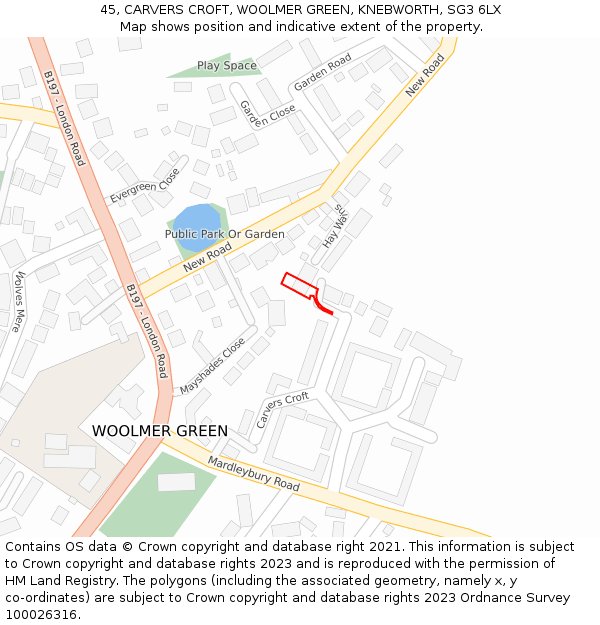 45, CARVERS CROFT, WOOLMER GREEN, KNEBWORTH, SG3 6LX: Location map and indicative extent of plot