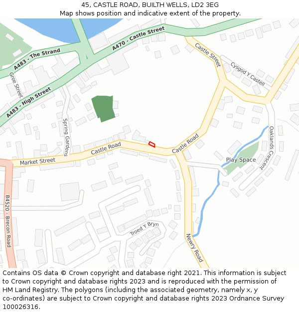 45, CASTLE ROAD, BUILTH WELLS, LD2 3EG: Location map and indicative extent of plot